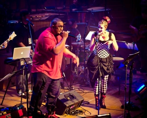 Lui Fauolo (L) and Tamsyn Miller (R) perform at Remix the Orchestra: Full Orchestra Meets Hip-Hop. Auckland Town Hall, 31 May 2012.
